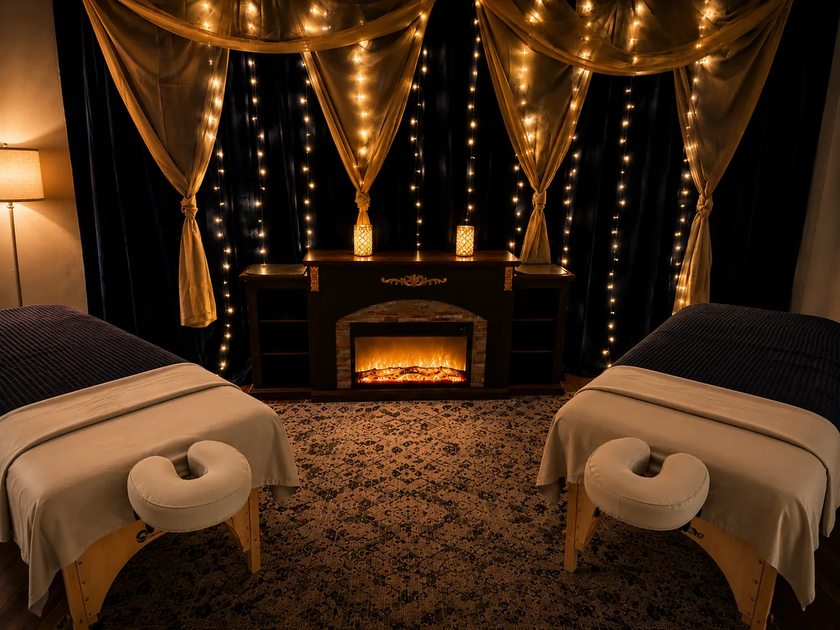 Candlelit couples massage suite with fireplace, string lights, and two treatment tables