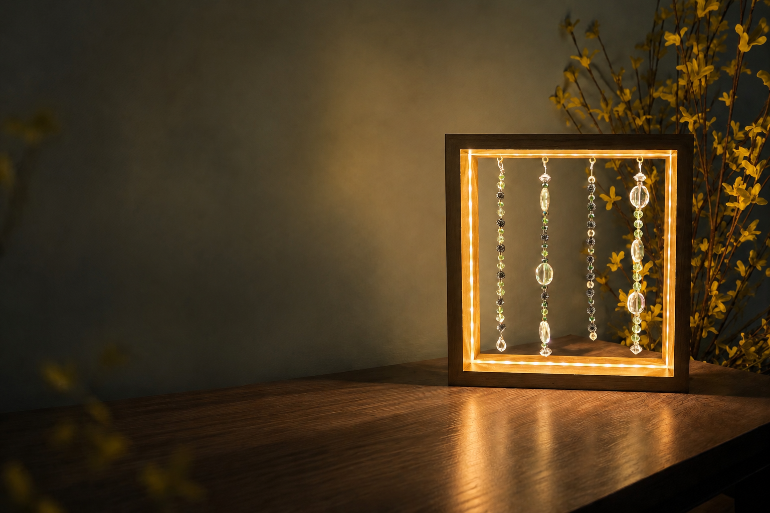 Warm glowing crystal frame beside forsythia branches
